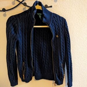Ralph Lauren black cable jacket, zip up sweater. Size XS.
